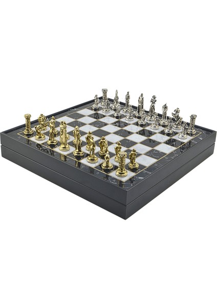 Gifthome Orta Boy Metal Ingiliz Satranç Takımı Parlak ve Mermer Desenli Sandıklı Mdf TAHTASI(36X36X6 Cm.)