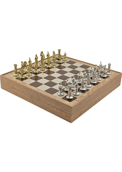 Gifthome Orta Boy Metal Roma Imparatorluğu Satranç Takımı Parlak ve Rustik Desenli Sandıklı Mdf TAHTASI(36X36X6 Cm.)