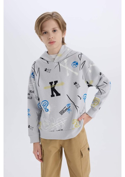 Erkek Çocuk Oversize Geniş Kalıp Kapüşonlu Desenli Sweatshirt D7118A824WN modelleri