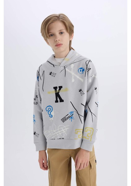 Erkek Çocuk Oversize Geniş Kalıp Kapüşonlu Desenli Sweatshirt D7118A824WN fırsatları
