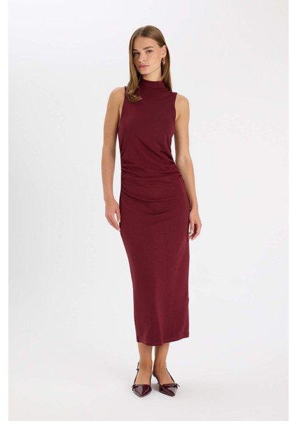 Bodycon Vücuda Oturan Basic Düz Yarım Balıkçı Yaka Kolsuz Maxi Bordo Elbise D5067AX24AU