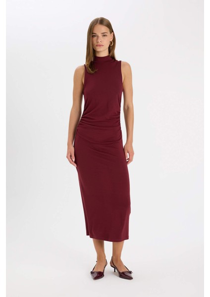 Bodycon Vücuda Oturan Basic Düz Yarım Balıkçı Yaka Kolsuz Maxi Bordo Elbise D5067AX24AU