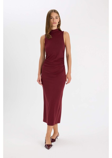 Bodycon Vücuda Oturan Basic Düz Yarım Balıkçı Yaka Kolsuz Maxi Bordo Elbise D5067AX24AU