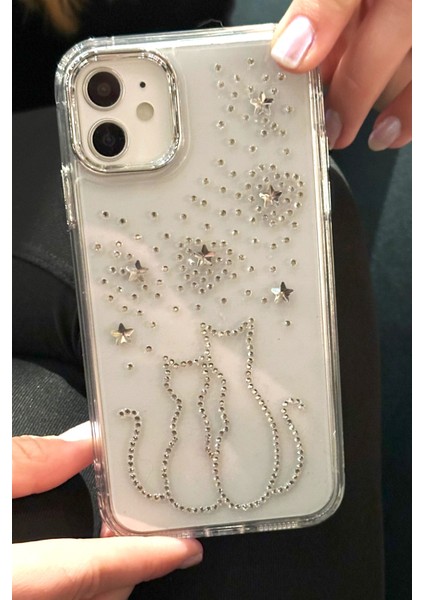 iPhone 11 Uyumlu Taşlı Çift Kedi Desenli Şeffaf Kılıf