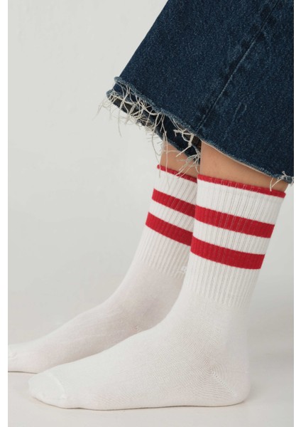 Lastik Örgülü Soket Çorap Beyaz-Kırmızı