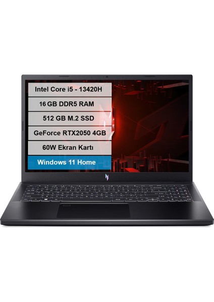 Nitro V15 Intel Core i5-13420H 16GB DDR5 512GB M.2 SSD RTX2050-4GB 60W 15.6" FHD 144Hz Windows11 Home NH.QNDEY.002-01