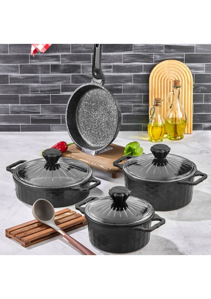 Polochef 7 Parça Granit Döküm Tencere Seti Siyah