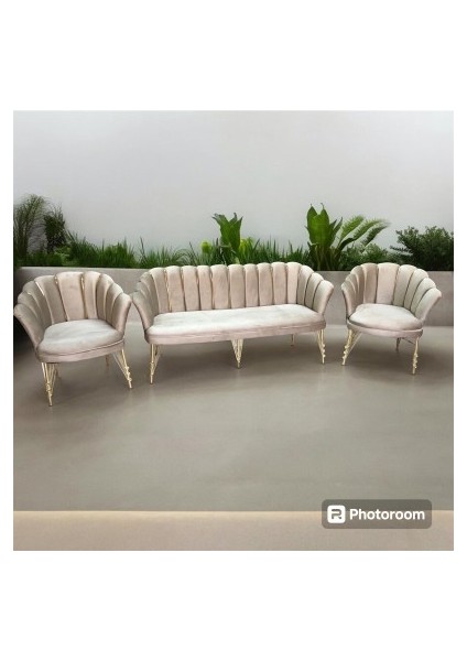 Papatya Çay Seti Koltuk Takımı Vizon Kumaş Gold Metal Ayaklı Balkon Büro Bekleme Kuaför Cafe Otel Restoran Ofis Koltuk Takımı