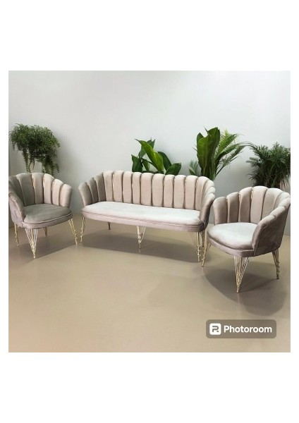 Papatya Çay Seti Koltuk Takımı Vizon Kumaş Gold Metal Ayaklı Balkon Büro Bekleme Kuaför Cafe Otel Restoran Ofis Koltuk Takımı fiyatları