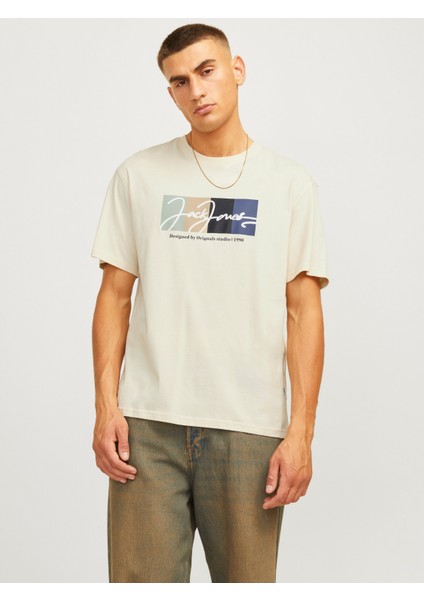 Jack&jones 12262662 Jorportland Block Brandıng Ss Cn Ln Erkek T-Shirt Bej