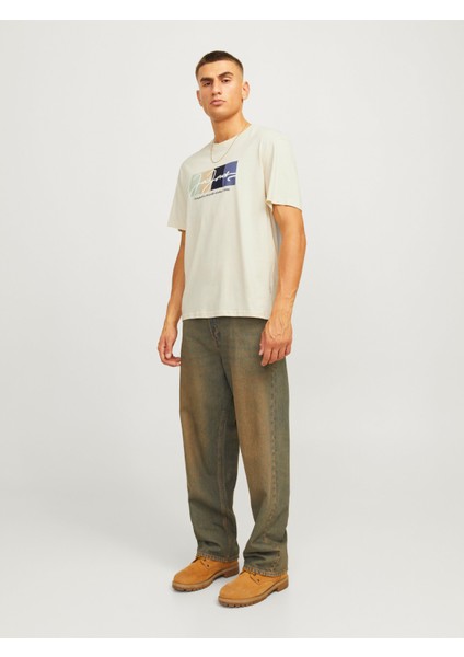 Jack&jones 12262662 Jorportland Block Brandıng Ss Cn Ln Erkek T-Shirt Bej