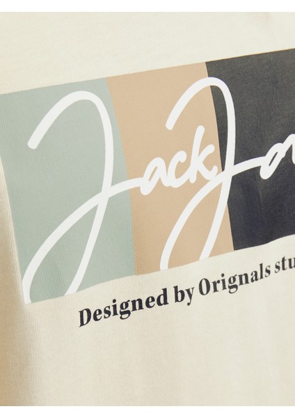 Jack&jones 12262662 Jorportland Block Brandıng Ss Cn Ln Erkek T-Shirt Bej