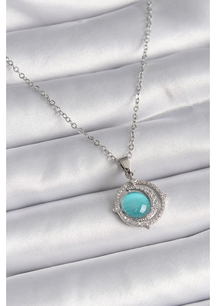 Gümüş Renk Mavi Sedefli Hilal Model Kadın Kolye - EBJ241109W28935