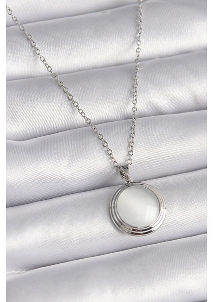 Gümüş Renk Beyaz Sedefli Daire Model Kadın Kolye - EBJ241109W28952