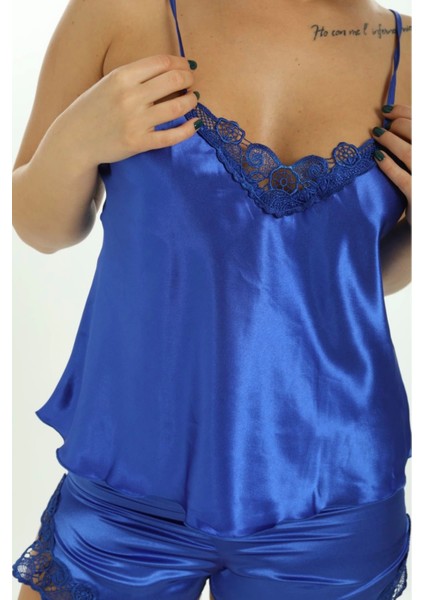 Saks Mavi Saten Babydoll Şortlu Takım - 260