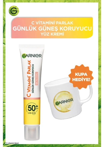 C Vitamini Parlak Günlük Güneş Koruyucu Fluid Yüz Kremi Işıltılı Doku SPF50+ 40ml Garnier Kupa Hediyeli