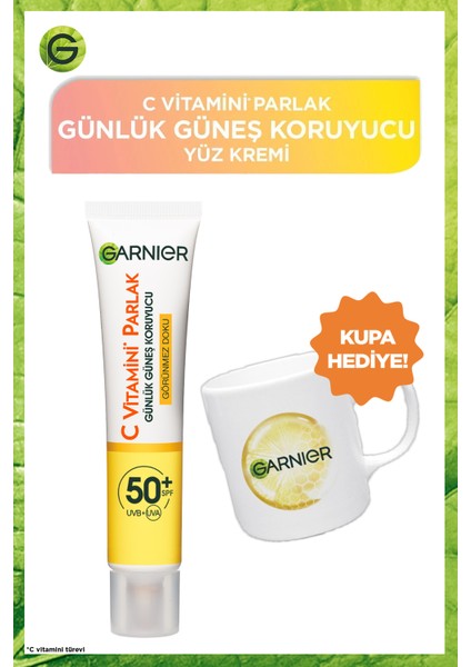 C Vitamini Parlak Günlük Güneş Koruyucu Fluid Yüz Kremi Görünmez Doku SPF50+ 40ml Garnier Kupa Hediyeli