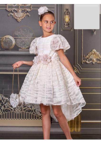 Prenses Çocuk Abiye Çeçek Desenli Balob Kollu Tül Etekli Kız Çocuk Elbise