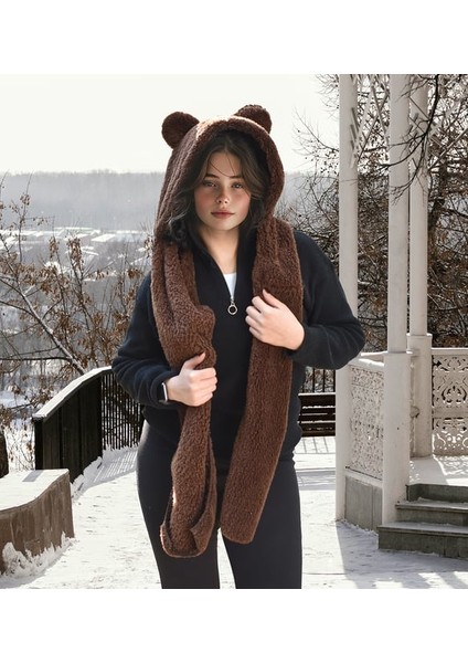 Legosh Kapşonlu Welsoft Peluş Bere - Atkılı - Polar Boyunluk Şalı - Rüzgar Geçirmez Kulaklı
