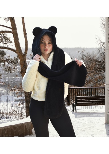 Ayıcı Oyuncak Kapşonlu Welsoft Peluş Bere - Atkılı - Polar Boyunluk Şalı - Rüzgar Geçirmez Kulaklı Şapka