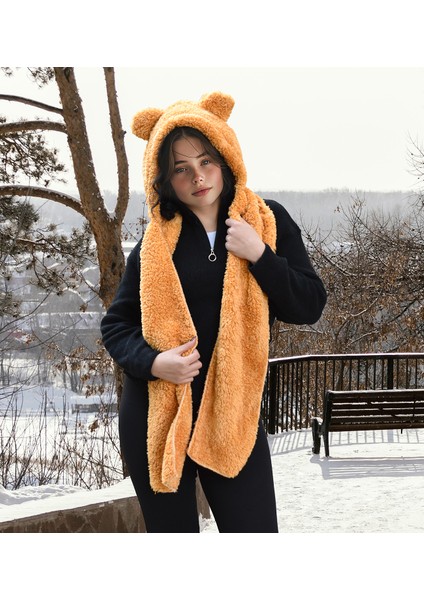 Ayıcı Oyuncak Kapşonlu Welsoft Peluş Bere - Atkılı - Polar Boyunluk Şalı - Rüzgar Geçirmez Kulaklı Şapka