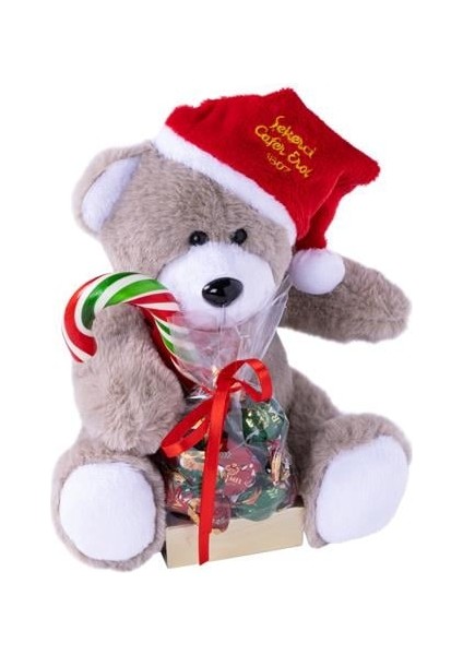 Yılbaşı Özel Oturan Vizon Sevimli Ayıcık - Karamel Şeker + Baston Şeker