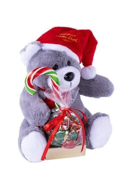 Yılbaşı Özel Oturan Gri Sevimli Ayıcık - Karamel Şeker + Baston Şeker