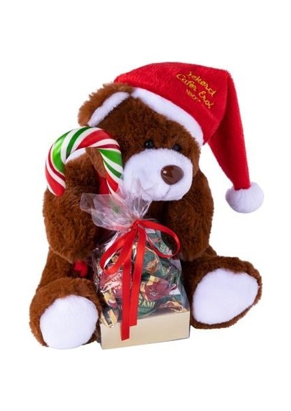 Yılbaşı Özel Oturan Koyu Kahve Sevimli Ayıcık - Karamel Şeker + Baston Şeker