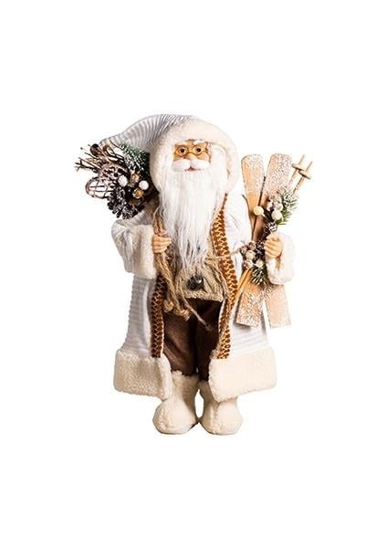 Yılbaşı Aksesuarı - Elinde Kayak Pateni Tutan Beyaz Noel Baba - 40 cm 880027