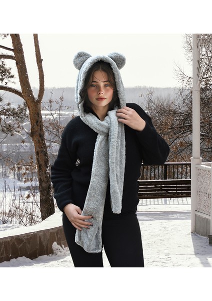 Ayıcı Oyuncak Kapşonlu Welsoft Peluş Bere - Atkılı - Polar Boyunluk Şalı - Rüzgar Geçirmez Kulaklı Şapka