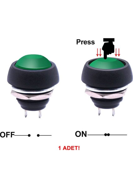 12MM PBS-33B 2 Pin Push Buton Yeşil On Off 1A 250V Mini Yuvarlak Su Geçirmez Anahtar Momentary Swit