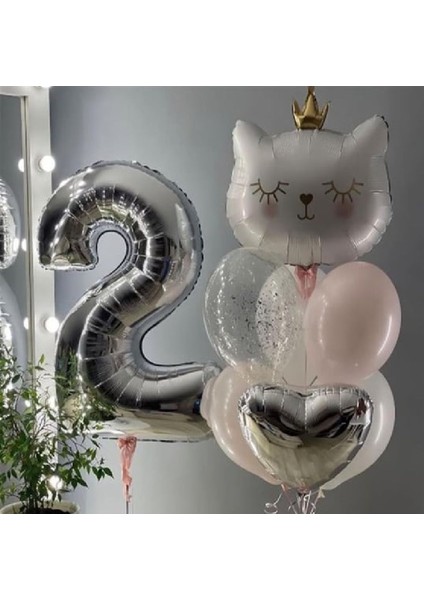 Beyaz Kedicik Figürlü Gümüş Yaş Rakamlı Balon Zinciri Doğum Günü Parti Süsleme Seti