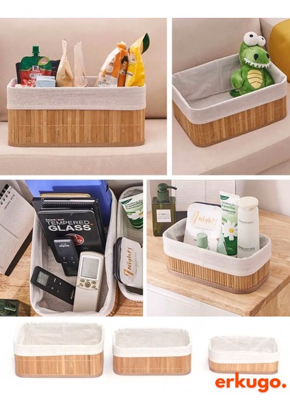 3'lü Bambu Sepet Doğal Astarlı Çok Amaçlı Saklama Kutusu, Pinterest Tarz Dikdörtgen Şekilli Bambu Sepet indirimleri