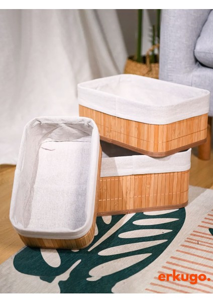 3'lü Bambu Sepet Doğal Astarlı Çok Amaçlı Saklama Kutusu, Pinterest Tarz Dikdörtgen Şekilli Bambu Sepet