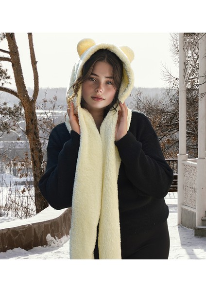 Kapşonlu Welsoft Peluş Bere Atkılı Polar Boyunluk Şalı Rüzgar Geçirmez Kulaklı Şapka