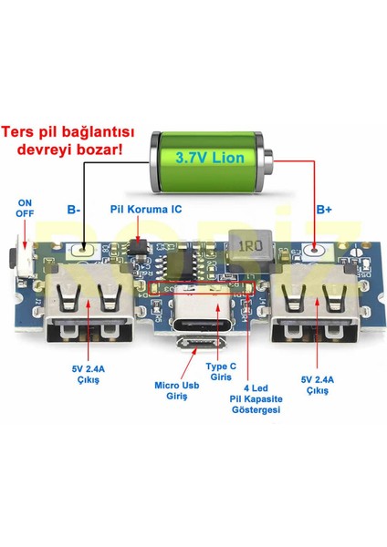 Powerbank Devresi 5V 2.4A Dual USB Çıkış Type C Micro USB Giriş Lityum Lion 3.7V 18650 Pil Şarj Mob