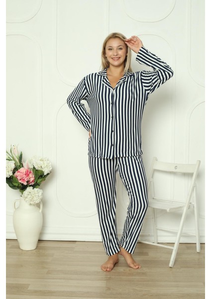 Çizgili Düğmeli Kadın Pijama Takımı modelleri