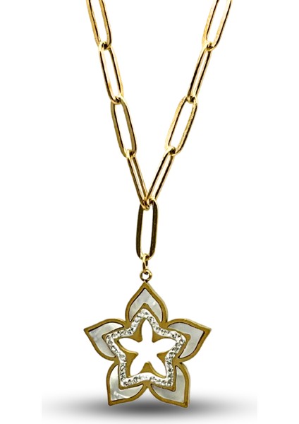 Çelik Gold Çift Yönlü Sedefli Ataç Zincir Yıldız Kolye