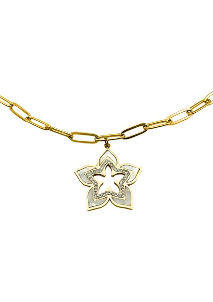 Çelik Gold Çift Yönlü Sedefli Ataç Zincir Yıldız Kolye