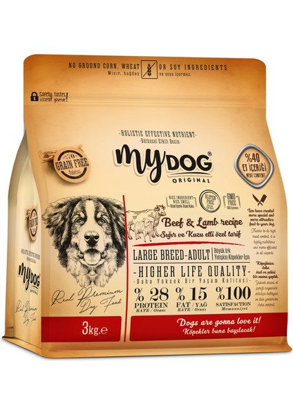 Mydog Orıgınal Az Tahıllı Sığır ve Kuzu Etli Büyük Irk Yetişkin Köpek Maması 3kg