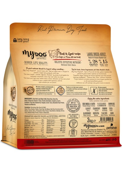 Mydog Orıgınal Az Tahıllı Sığır ve Kuzu Etli Büyük Irk Yetişkin Köpek Maması 3kg
