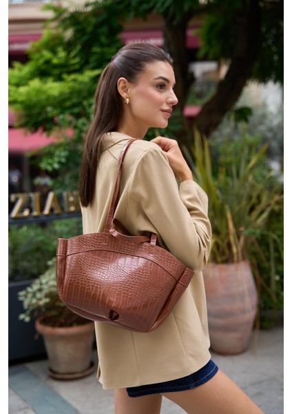 Taba Kroko Kadın Bolso Shopper El ve Omuz Çantası
