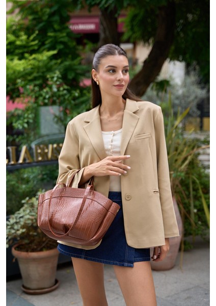 Taba Kroko Kadın Bolso Shopper El ve Omuz Çantası indirimleri