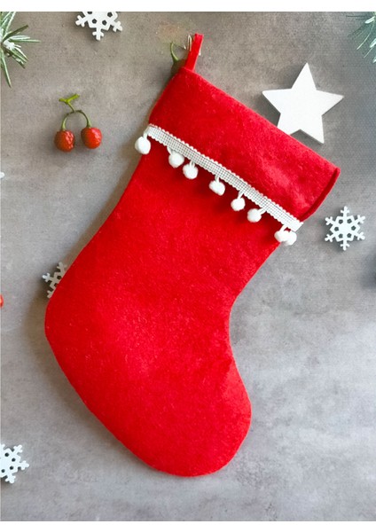 Yılbaşı Noel Çorabı Kesesi - Kırmızı Keçe, Ponponlu Şömine Süsü 30x15 Cm