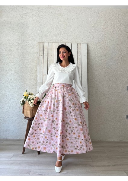 Pembe Açelya Çiçeği Kloş Poplin Etek