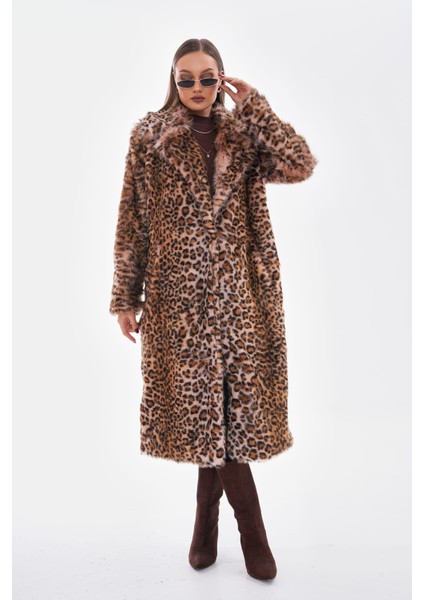 Leopar Uzun Ceket Yaka Kaban