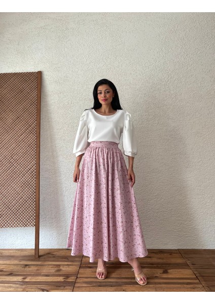 Pembe-Bordo Çiçekli Kloş Poplin Etek fiyatları