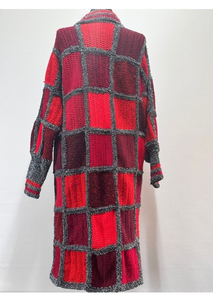 El Örgüsü Ekose Kırmızı Kadın Uzun Hırka Standart Beden fırsatları