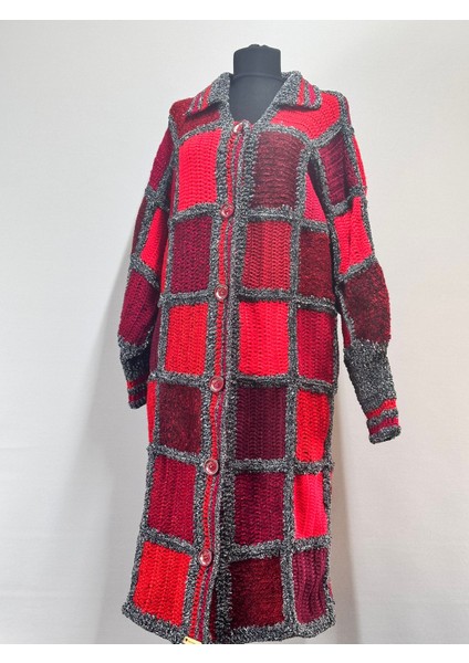 El Örgüsü Ekose Kırmızı Kadın Uzun Hırka Standart Beden indirimleri