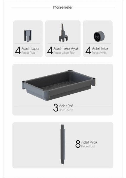 Peggy Beyaz Geniş 3 Katlı Çok Amaçlı Mutfak Erzak Banyo Raf Ünitesi Tekerlekli Organizer modelleri